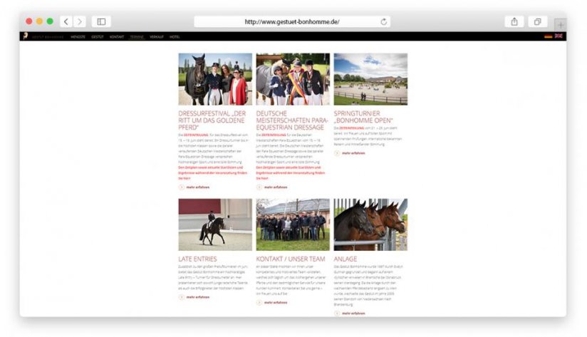 Die Turnier-Übersichtsseite zeigt die zahlreichen Veranstaltungen auf dem Gestüt.