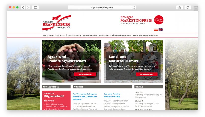 Die pro agro Verbandsseite auf Deutsch.
