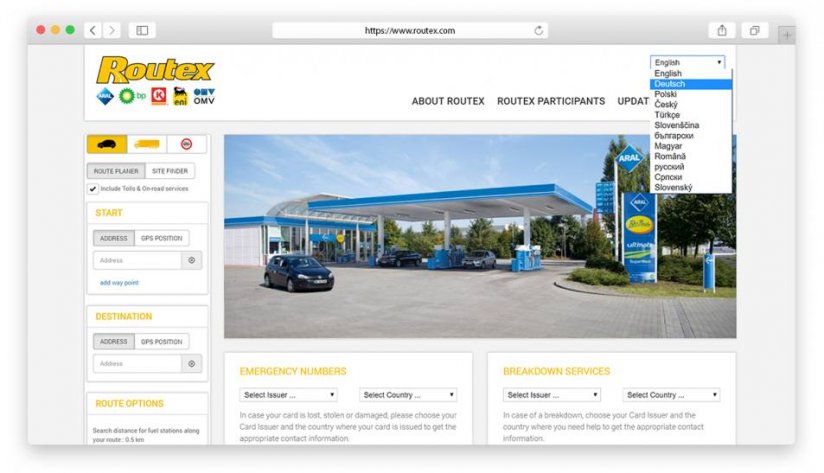 Routex.com: ein Sprachwähler mit 12 Sprachen