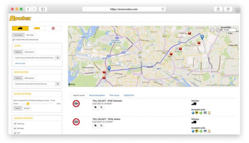 Der Routenplaner mit Such-, Eingabe- und Filterfunktionen sowie detaillierter Ausgabe der Route